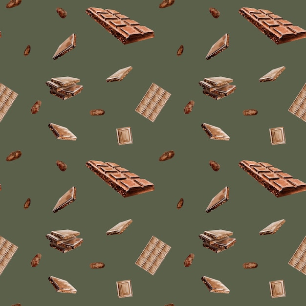 Motif sans couture avec illustration à l'aquarelle du chocolat des ingrédients du cacao des morceaux de chocolat dessinés à la main