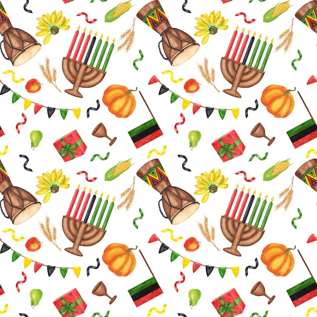 Motif sans couture de Kwanzaa vacances afro-américaines Kinara sept bougies brûlantes rouge noir vert carte tasse tambour cadeau récolte légumes à l'aquarelle dessinée à la main illustration d'arrière-plan isolé