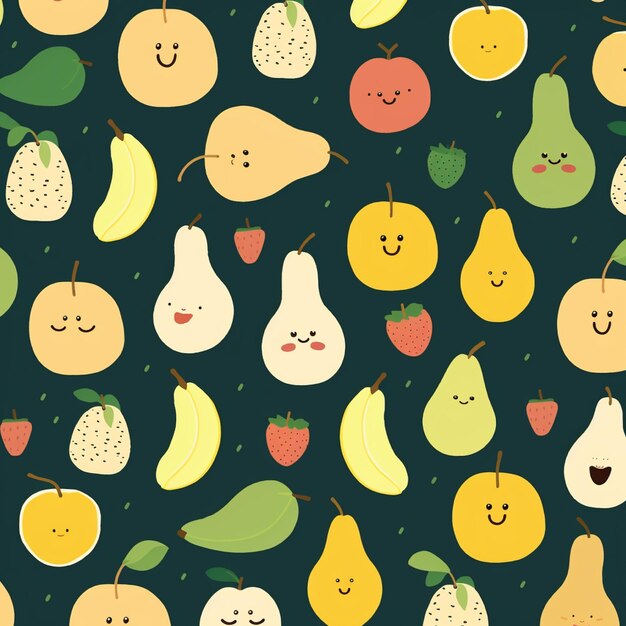 Motif sans couture avec de mignons personnages de fruits sur fond sombre Illustration vectorielle