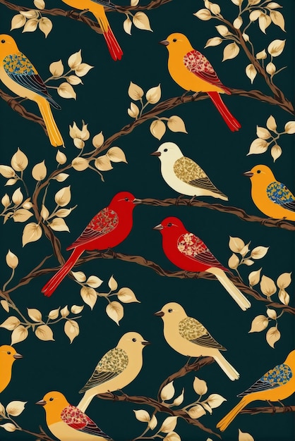 Photo un motif sans couture avec des oiseaux sur des branches d'arbres répétant un motif de tissu