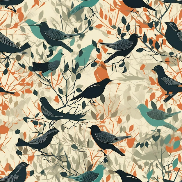 Un motif sans couture avec des oiseaux sur un fond de feuilles et de branches.