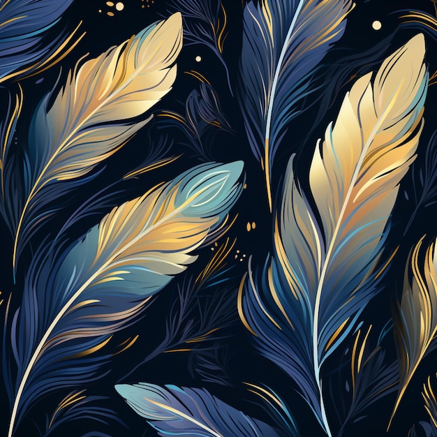 motif sans couture de plumes bleues et dorées