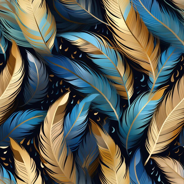 Un motif sans couture de plumes indigènes dorées et bleues