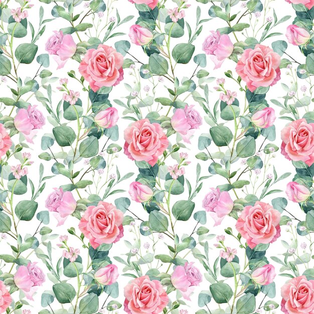 Photo un motif sans couture avec des roses d'aquarelle délicates et de l'eucalyptus