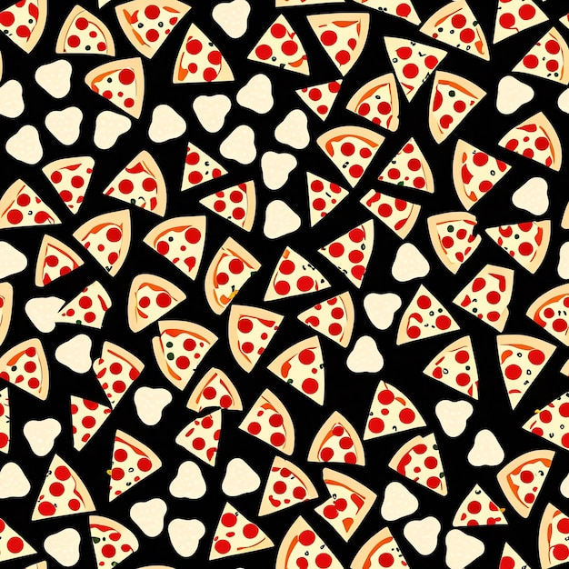 motif sans couture avec des tranches de pizza et des cœurs sur un fond noir