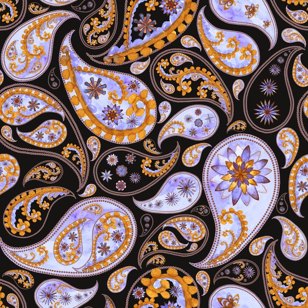 Motif sans couture vintage floral abstrait Paisley dans un style oriental. Aquarelle dessinés à la main violet violet lilas jaune orange texture sur fond noir. Papier peint, emballage, textile, tissu