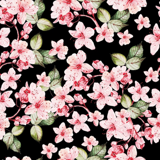 Motif Seamles avec sakura japonais avec fleurs roses et feuilles vertes