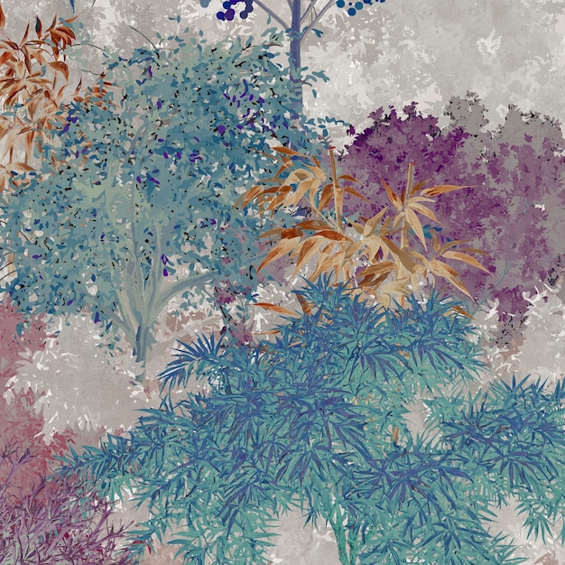 Motif textile de papier peint avec des feuilles et des arbres naturels en arrière-plan montagne et ciel coucher de soleil