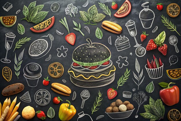 Photo le motif et la texture de l'arrière-plan alimentaire les icônes de la ligne d'alimentation saine