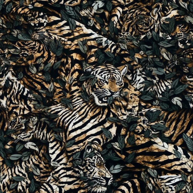 Un motif de tigres dans une jungle avec des feuilles au sol.