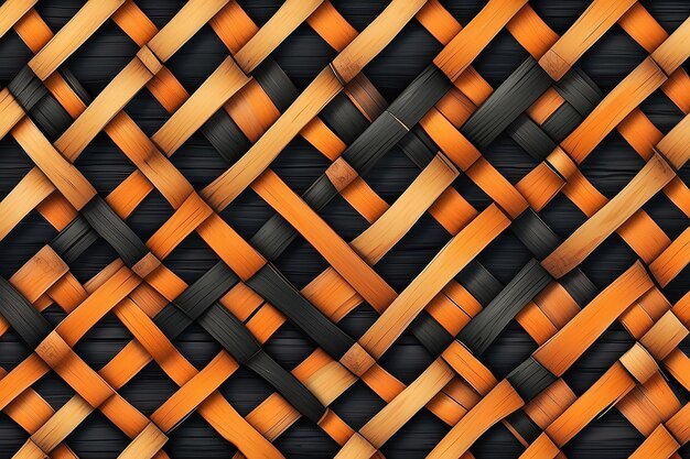 Le motif de tissage en bambou en bois, les rayures tressées noires et orange, le motif en bois de bambou, le fond en osier