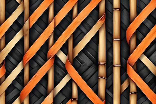 Le motif de tissage en bambou en bois, les rayures tressées noires et orange, le motif en bois de bambou, le fond en osier