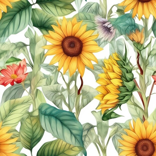 Motif Tournesol Aquarelle Transparente Répétant Fond Floral AI Générative