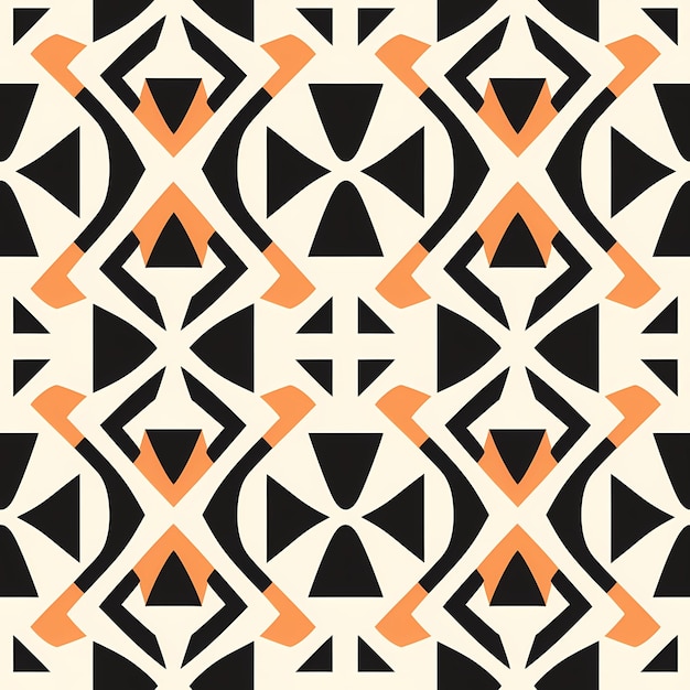 un motif de triangles noirs et orange sur fond beige.