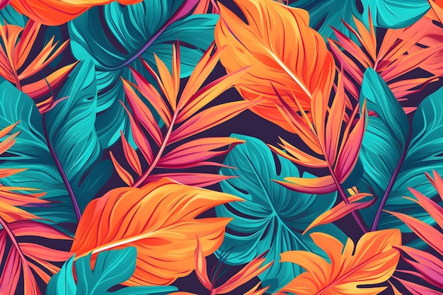 Un motif tropical coloré avec des feuilles tropicales.