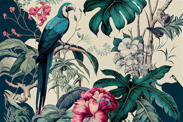 Motif tropical exotique avec des perroquets et des fleurs dans le style toile de jouy