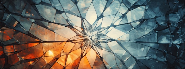 Photo motif de verre brisé avec une étoile vibrante caléidoscope abstrait de bleu et orange ai génératif