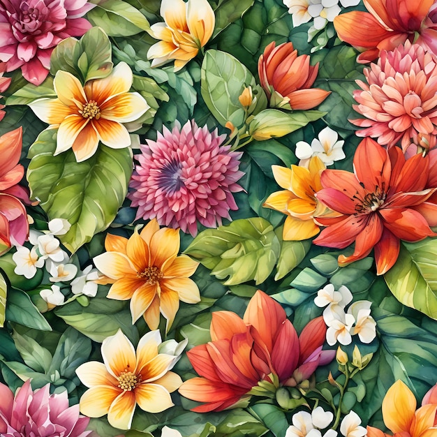 un motif vibrant avec un assortiment de fleurs colorées et de feuilles vertes luxuriantes