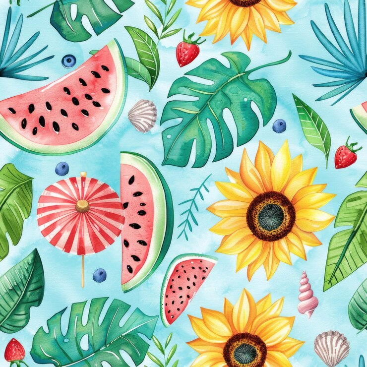 Un motif vibrant d'été sans couture avec des tournesols, de la pastèque et des éléments tropicaux.