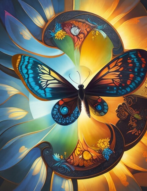 Un motif vibrant de papillon yin yang éclairé par un rayon de soleil brillant