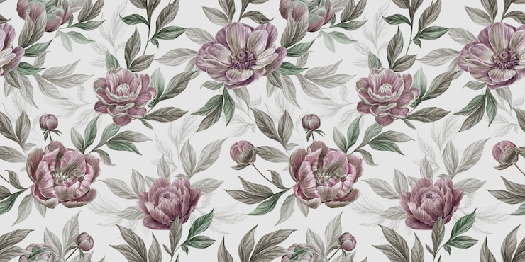 Photo motif vintage floral sans couture avec fleurs de pivoine, anémone, feuilles