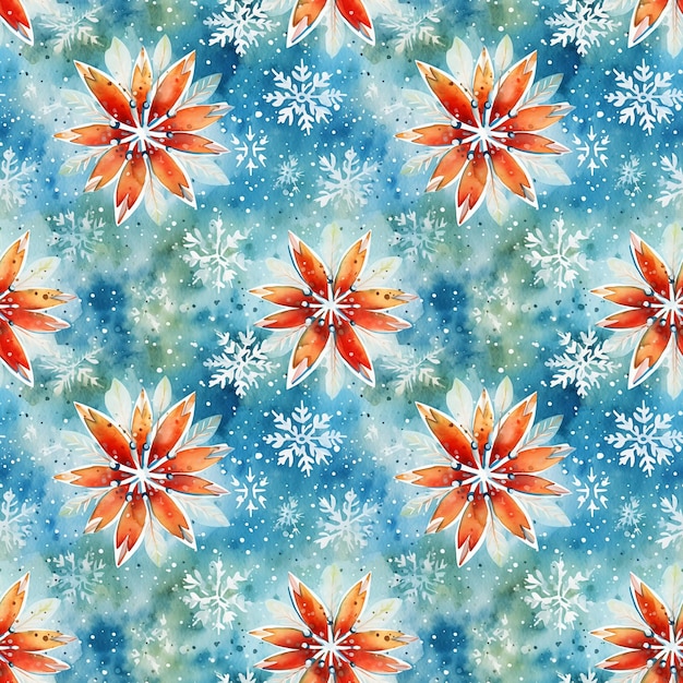 Photo des motifs d'aquarelle vibrants avec des flocons de neige et des fleurs sur un fond bleu