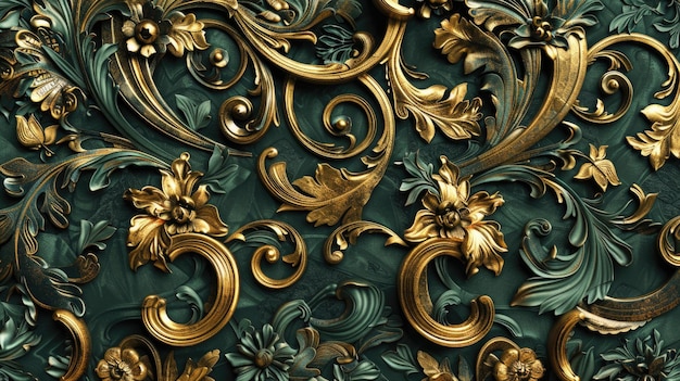 Des motifs baroques d'or luxueux sur un fond de teal