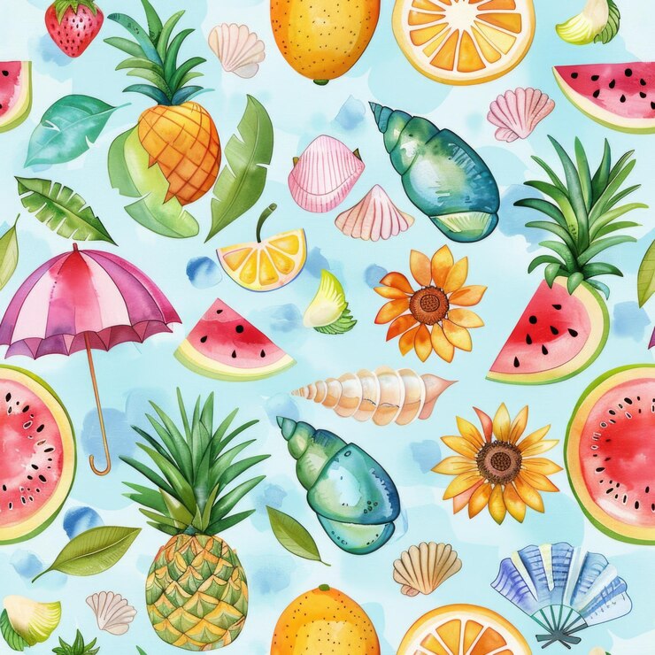 Des motifs colorés d'été sans couture avec des fruits tropicaux et des coquillages pour des dessins sur le thème de la plage AI