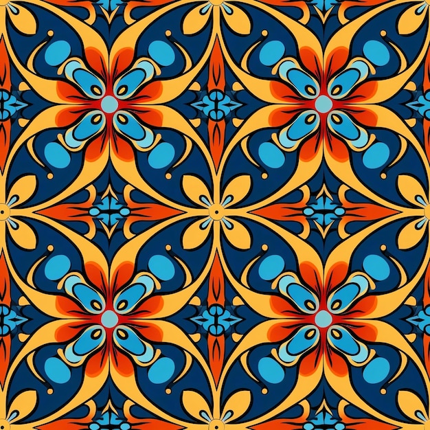 Des motifs colorés avec des fleurs bleues, orange et jaunes