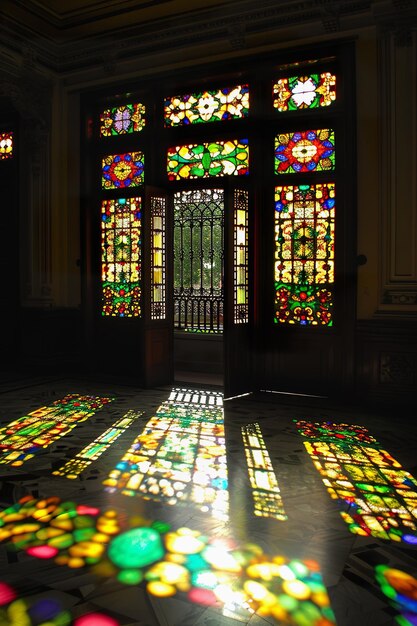 Des motifs colorés de lumière du soleil à travers des vitraux dans une pièce élégante