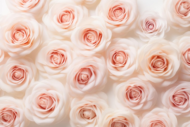 Des motifs délicats de roses romantiques dans un éclairage doux sur un fond blanc Top View AR 32
