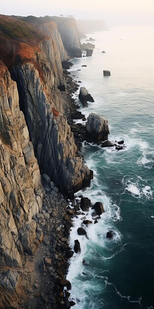 Des motifs époustouflants Une vue aérienne à couper le souffle de la falaise hivernale et de l'eau