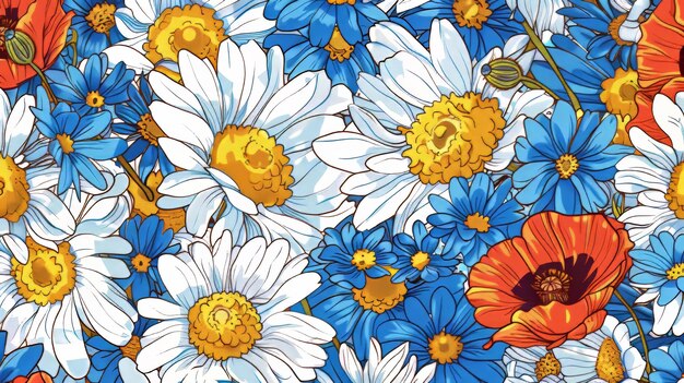 Des motifs de fleurs avec des camomilles, des fleurs de maïs et des coquelicots Illustration