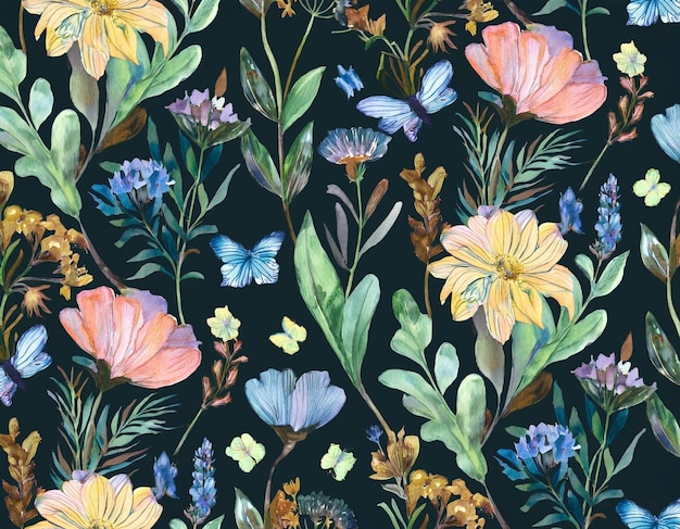 Des motifs floraux à l'aquarelle avec des papillons
