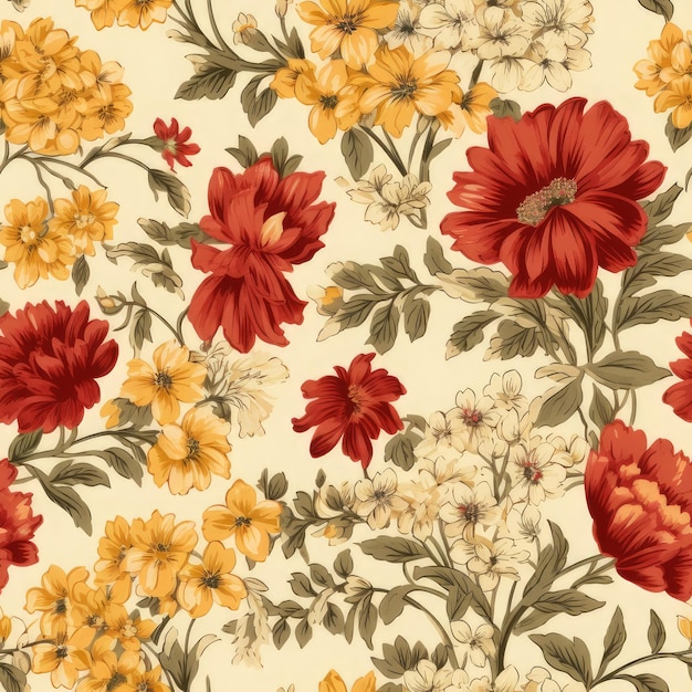 Photo des motifs floraux sans couture, des couleurs d'automne, des fleurs rouges crème et jaune.