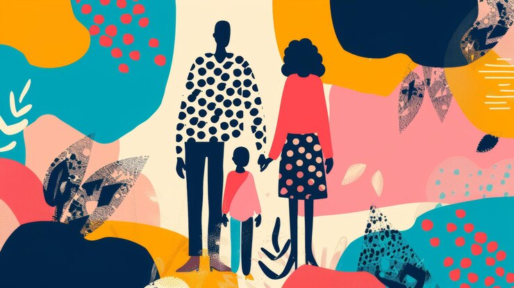 Des motifs et des formes abstraits formant une unité familiale dans un style mignon illustration générée par l'IA