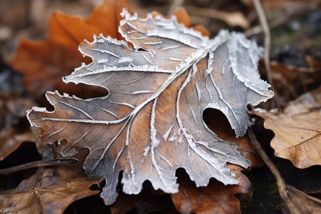 Photo des motifs de gel cristallisés sur une feuille de chêne tombée