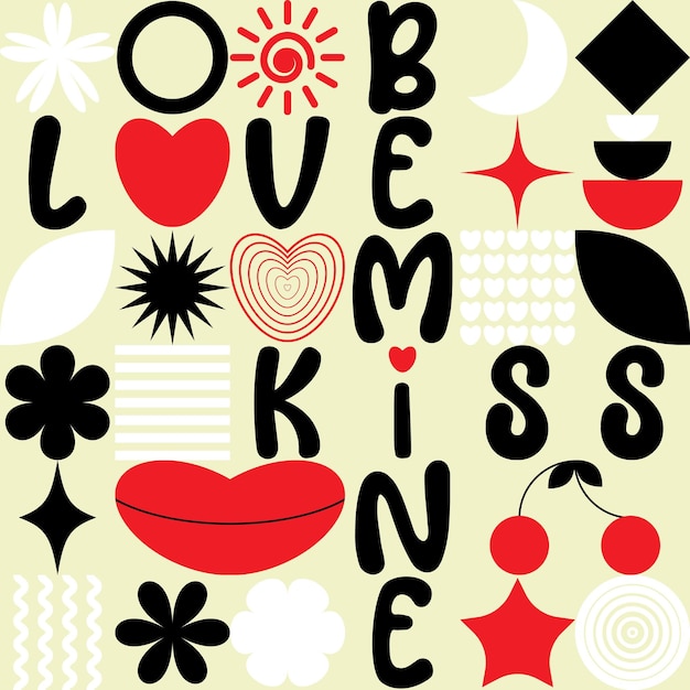 Des motifs géométriques abstraits, des motifs sans couture, des lèvres d'amour, des cerises, des textes, des formes primitives, des vecteurs de forme.