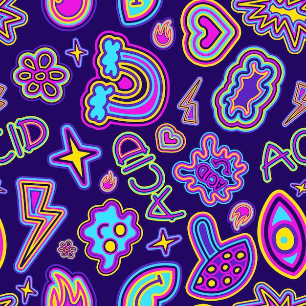 Des motifs hippie colorés avec des fleurs, des formes géométriques sur fond bleu.