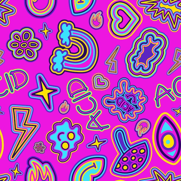 Des motifs hippie colorés avec des fleurs, des formes géométriques sur fond rose.