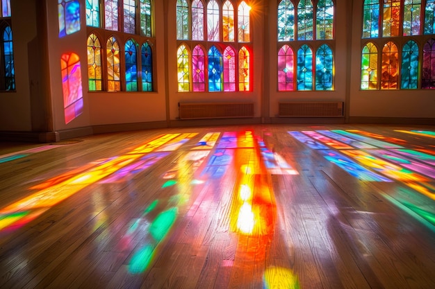 Des motifs lumineux d'arc-en-ciel dansent sur le sol en bois d'une pièce créée par la lumière du soleil filtrant à travers des fenêtres en verre coloré.