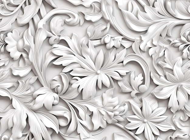 Des motifs sur le plafond, des feuilles de gypse de fleurs blanches, un fond en plâtre, un motif floral, un motif sans couture, créé avec la technologie d'intelligence artificielle générative.