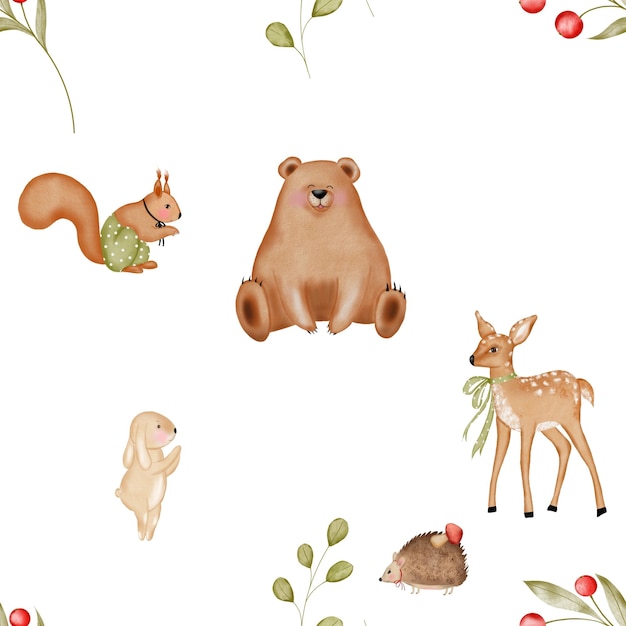 Des motifs sans couture d'animaux de la forêt mignons, d'ours mignons, de faons, de lapins, de hérissons et d'écureuils.