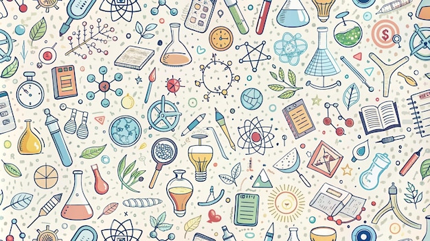 Des motifs sans couture colorés dessinés à la main avec des éléments scientifiques et naturels
