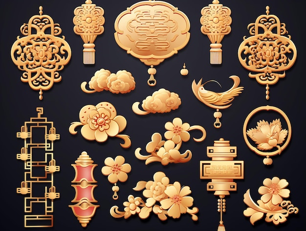 Photo des motifs traditionnels chinois, des fleurs, des lanternes, des nuages, des éléments et des ornements, une collection de bijoux décoratifs vectoriels dans le style chinois et japonais.