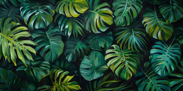 Des motifs tropicaux avec de belles feuilles de palmier monstera d'un vintage sombre d'illustration