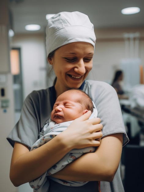 Émotions sage-femme heureuse avec un nouveau-né dans ses bras généré par l'IA