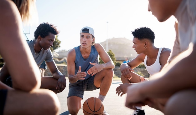 Motivation leadership et hommes réunis sur un terrain de basket en cercle pour l'état d'esprit et le travail d'équipe Sports et athlètes de fitness parlant ou parlant d'objectifs d'entraînement planification de mission et de stratégie