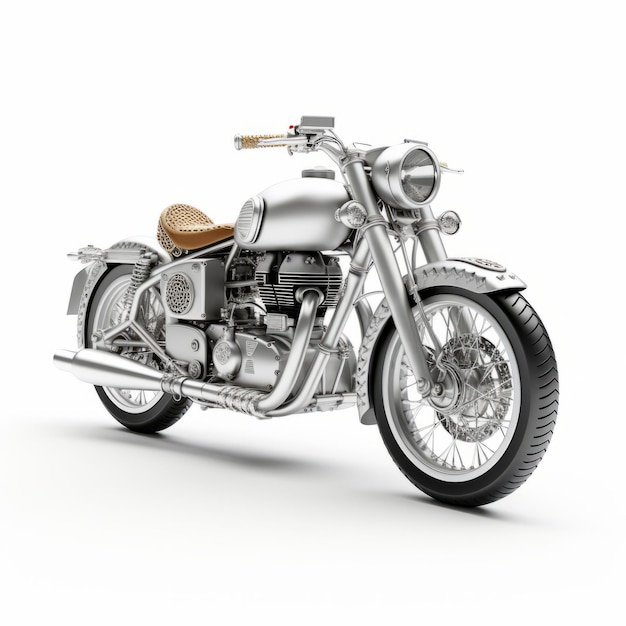 Une moto argentée 3D avec un style dieselpunk sur fond blanc