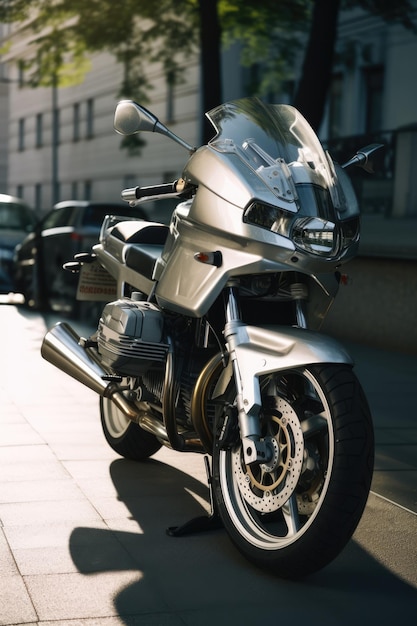 Moto argentée dans la rue de la ville créée à l'aide de la technologie générative ai